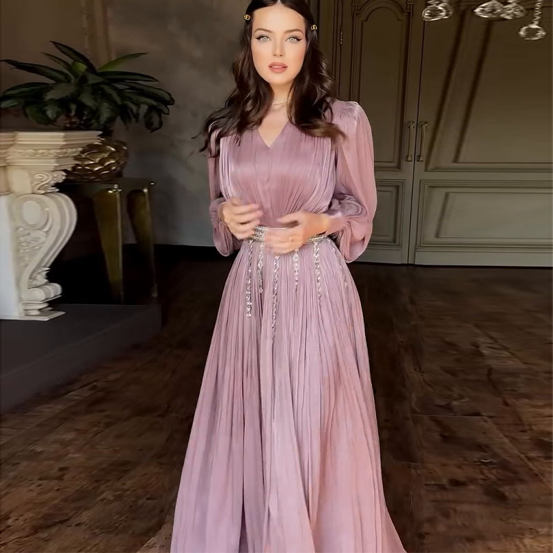 2025欧美性感女装跨境亚马逊新款时尚V领褶皱薄纱长袖大摆连衣裙 - 图2