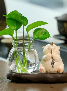 小猫钓鱼玻璃花瓶水培绿植客厅摆件装饰品办公室桌面工位场景好物