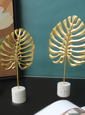 轻奢创意客厅酒柜玄关金属龟背竹摆件装饰品家居新中式办公室桌面