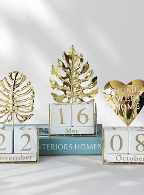 轻奢风金属铁艺爱心木制日历摆件拍照拍摄道具个性家居DIY摆件装