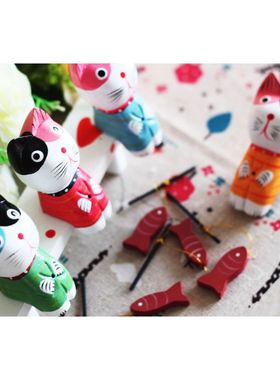 北欧乡村原实木彩绘钓鱼情侣小猫客厅店铺橱窗柜搁板装饰摆件礼物