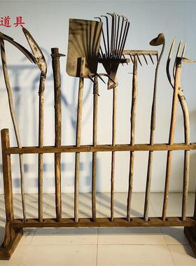 民俗老物件老式风车木犁农具复古怀旧农耕文化老背箩推车影视道具