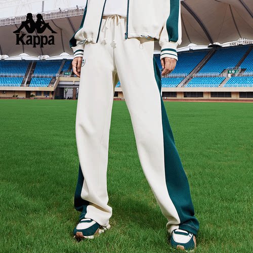 Kappa卡帕背靠背春秋新款针织长裤女运动休闲裤复古撞色直筒裤子 - 图1