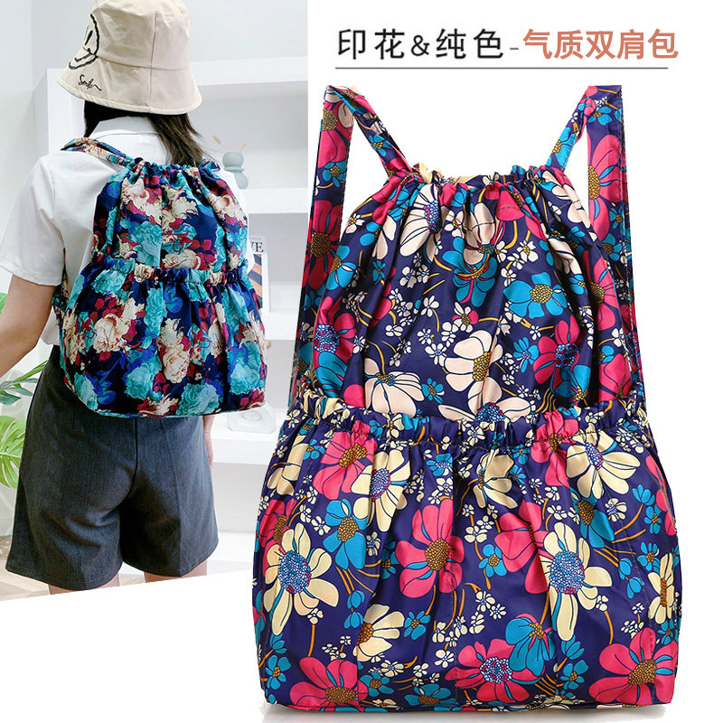 大容量防水背包女抽绳束口袋花布包中老年双肩包买菜购物袋方便袋,淘宝优惠券,粉丝福利购,淘宝优惠卷