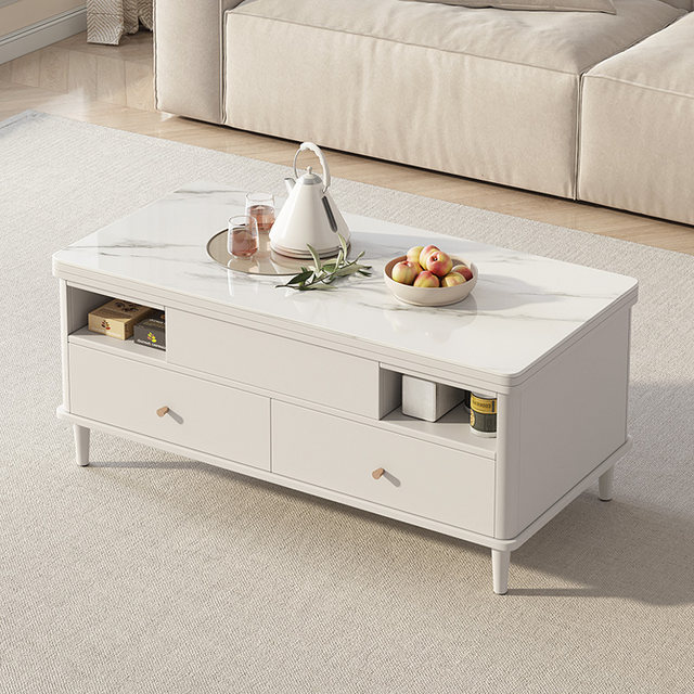 Cream style tea table multifunctional rock sheet tea table living room storage cabinet small apartment multifunctional solid wood leg lifting tea table