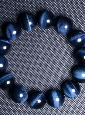 天然蓝虎眼石时尚手链男女款7A级木变石鹰眼石蓝色闪电纹佛珠手串