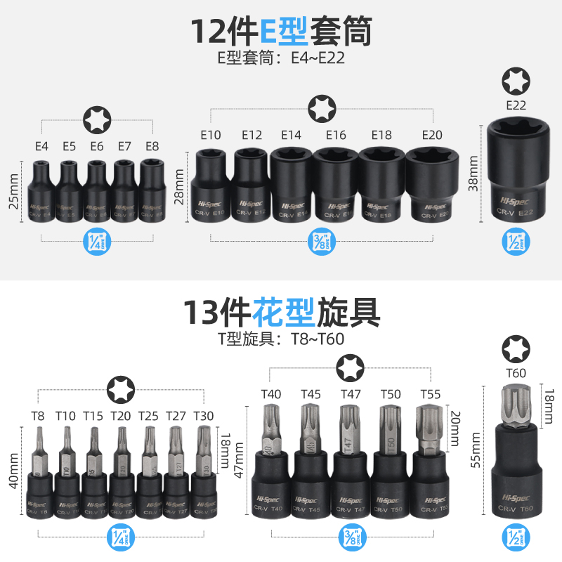 型e套筒内六花e8e10e12e14花型套筒外六花t30t40t50六角梅花批头-图2