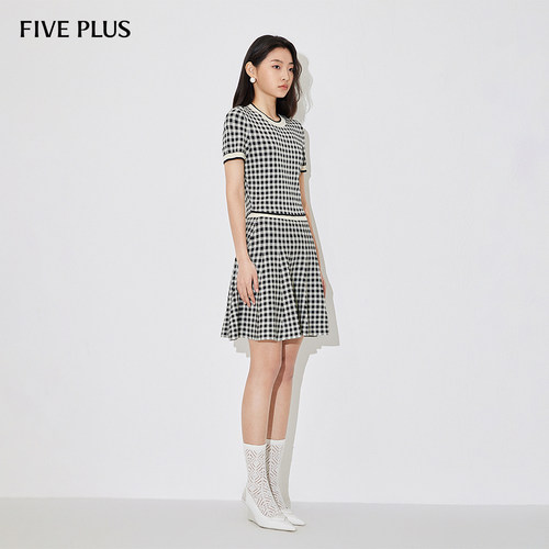 FIVE PLUS半身裙女针织短裙子格纹A字裙松紧腰复古新款女夏装 - 图1