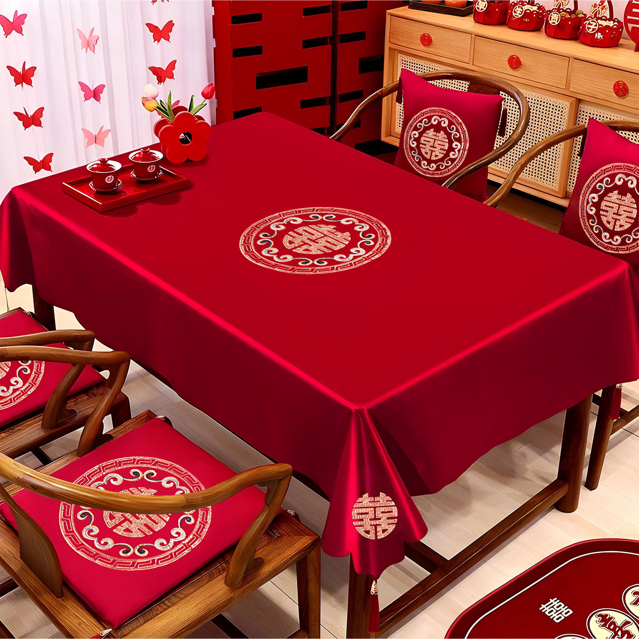 结婚茶几桌布方桌圆桌长桌喜字抱枕跪垫一对餐桌电视柜红盖布桌旗,淘宝优惠券,粉丝福利购,淘宝优惠卷