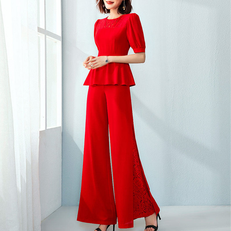 婪诗雅红色阔腿裤套装女夏2022新款时尚气质女神范洋气雪纺两件套,淘宝优惠券,粉丝福利购,淘宝优惠卷
