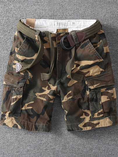 Heavyweight american retro cargo shorts summer men's pure cotton multi-pocket pants loose casual casual five-point pants camouflage large size trendy