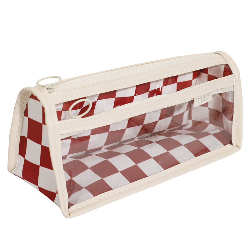 棋盘格透明笔袋日韩系文具铅笔盒女生初中小学生必备简约时尚大容量整理收纳袋三角底座站立稳固大敞口设计 - 图3