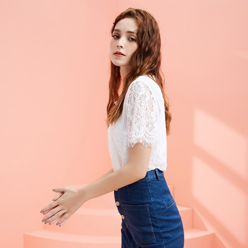 dooc蕾丝雪纺短袖2020夏季新款小衫 dooc蕾丝衫/雪纺衫