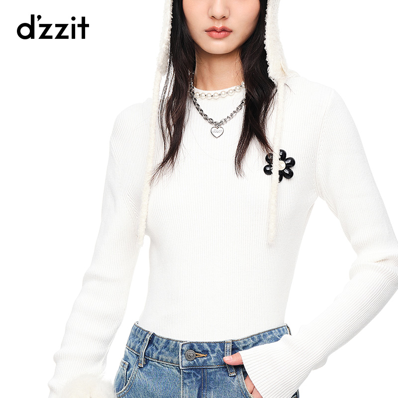 dzzit地素2023春秋专柜新款连帽设计花朵胸针装饰针织连帽衫女