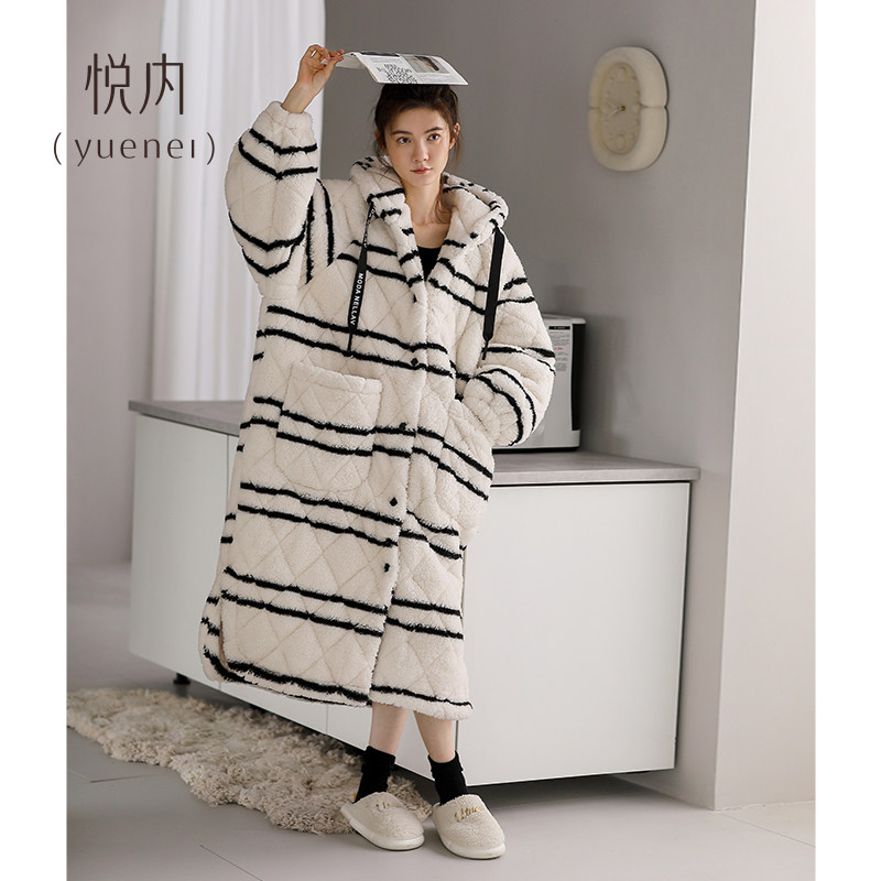 悦内睡袍女士睡衣秋冬季冬款珊瑚绒三层夹棉加厚法兰绒大码长款裙,淘宝优惠券,粉丝福利购,淘宝优惠卷