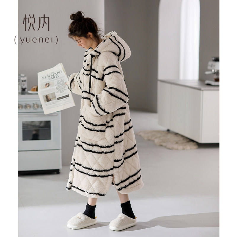 悦内睡袍女士睡衣秋冬季冬款珊瑚绒三层夹棉加厚法兰绒大码长款裙,淘宝优惠券,粉丝福利购,淘宝优惠卷