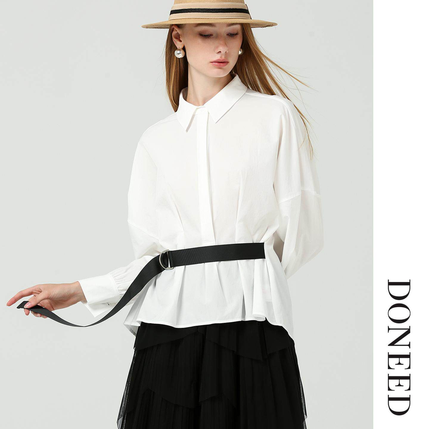 DONEED初春优雅简约压褶带腰带收腰休闲通勤纯色衬衣女