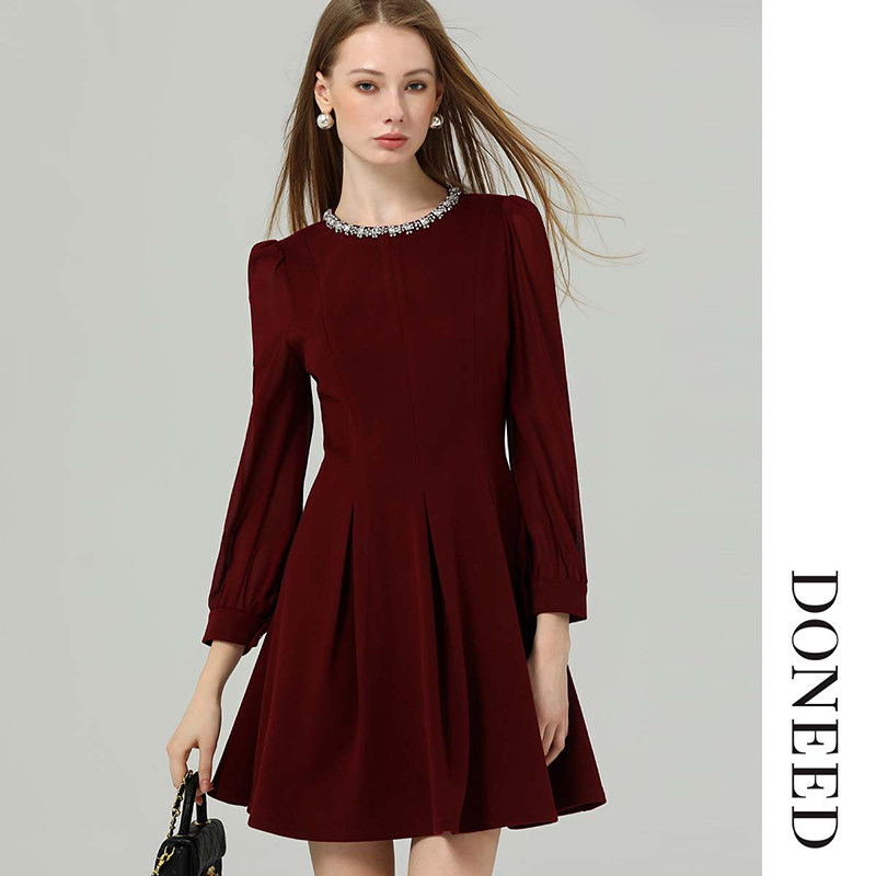 DONEED2025秋款温婉优雅钉钻圆领拼接雪纺长袖小香风毛呢连衣裙女,淘宝优惠券,粉丝福利购,淘宝优惠卷