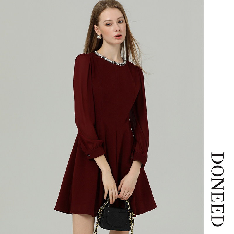 DONEED2025秋款温婉优雅钉钻圆领拼接雪纺长袖小香风毛呢连衣裙女,淘宝优惠券,粉丝福利购,淘宝优惠卷