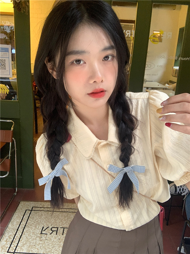 韩风chic学院少女夏日减龄娃娃领衬衫女小个子泡泡袖奶杏色小上衣