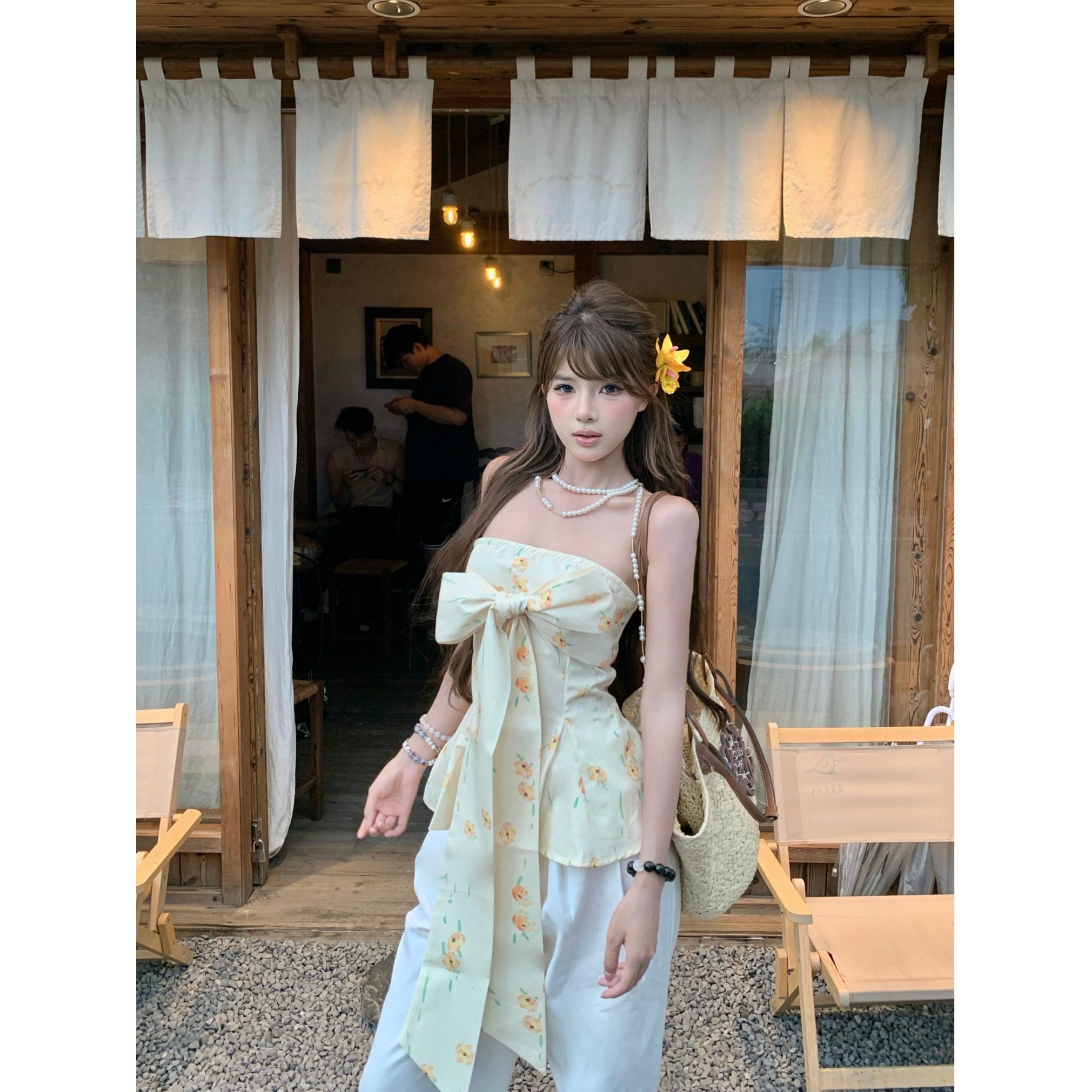 法式黄色碎花抹胸背心女夏季绝美蝴蝶结裹胸甜辣海边度假外穿上衣,淘宝优惠券,粉丝福利购,淘宝优惠卷