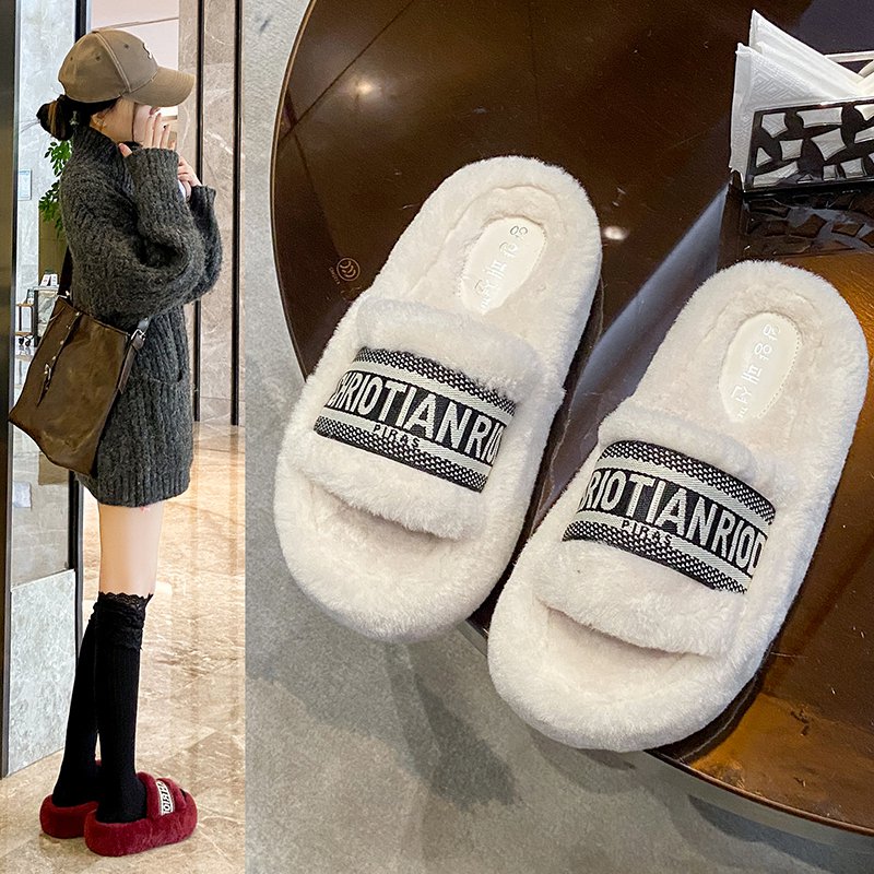 网红厚底毛毛拖鞋女外穿时尚2025年新款秋冬季保暖棉拖爆款一字拖 - 图1