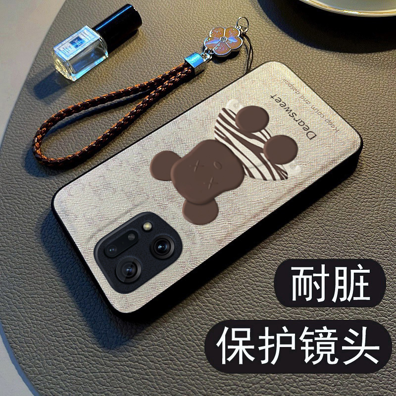 适用于oppofindx5手机壳新款findx5pro保护套布纹硅胶findx3全包防摔网红挂绳男女款findx3pro卡通暴力熊潮牌 - 图1