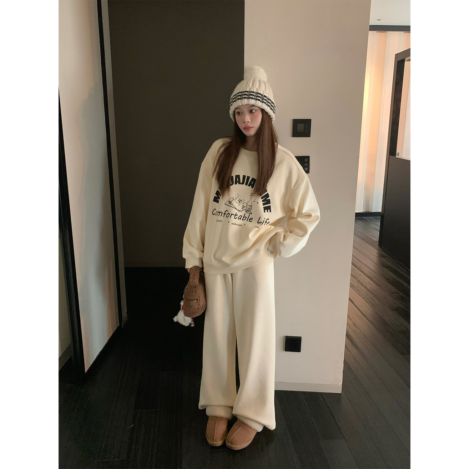 米花家【周末随记】连帽长袖卫衣开衫女休闲直筒阔腿裤运动套装,淘宝优惠券,粉丝福利购,淘宝优惠卷