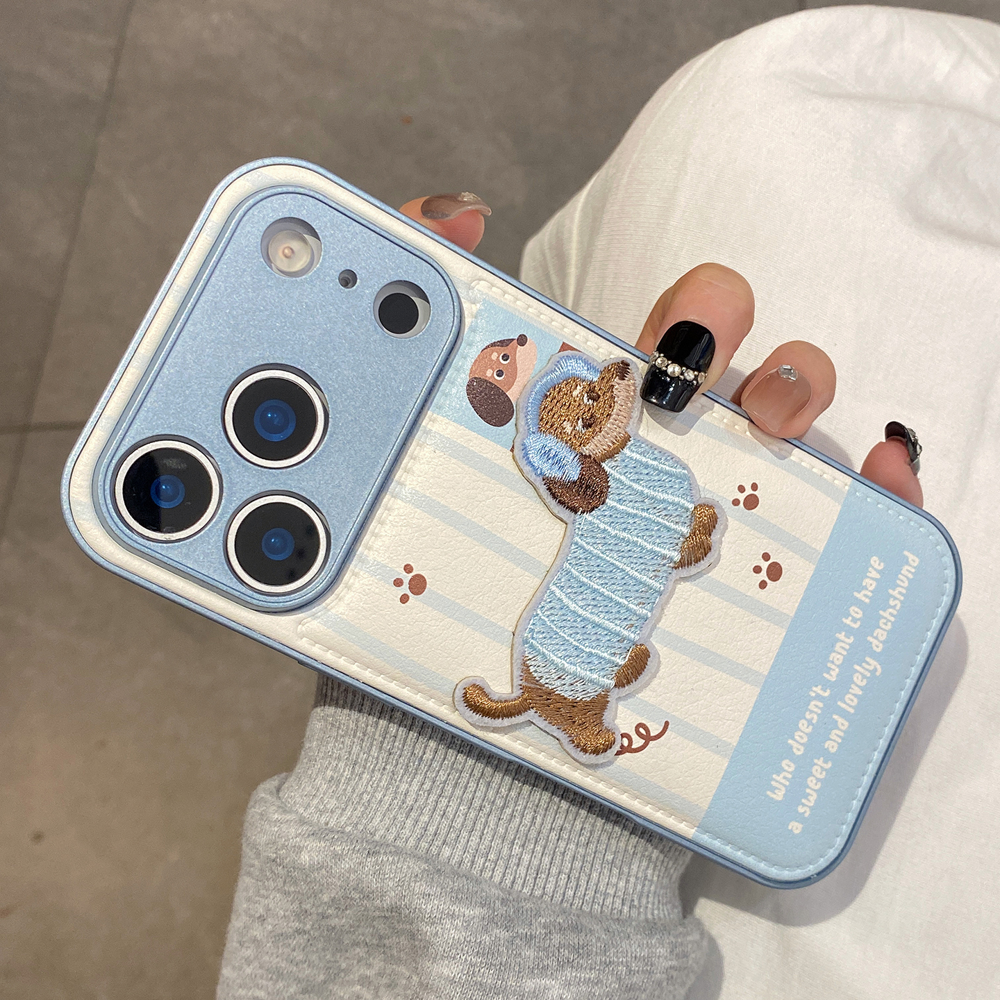 可爱秋冬皮质蓝条纹刺绣腊肠狗适用于苹果17promax手机壳iphone16保护套14防摔13新款全包15pro个性max手机套 - 图3