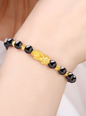 黄金招财貔貅手链3D硬金本命年