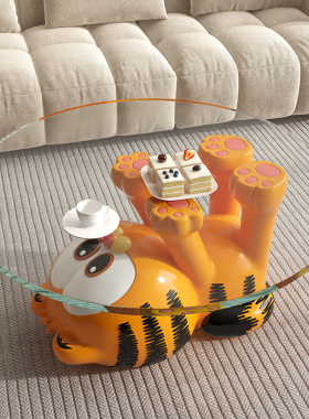 2025新款高级加菲猫客厅沙发圆桌茶几小户型可移动小桌子落地摆件