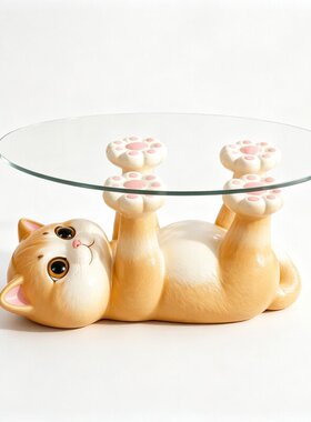 卡通北欧风金渐层猫咪边几桌客厅沙发旁玻璃茶几置物架床头柜摆件