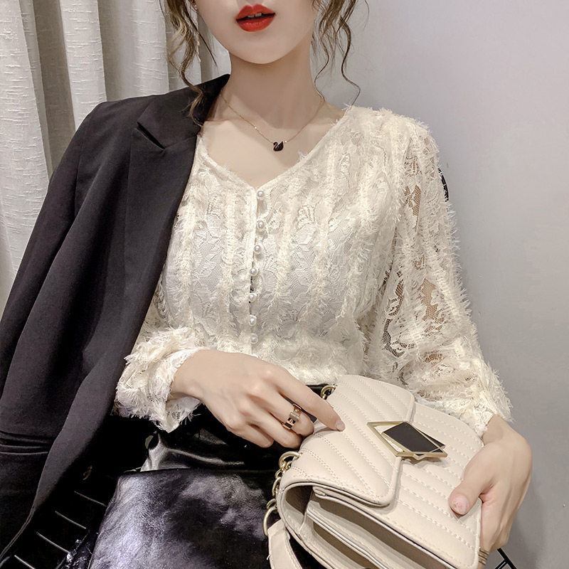 珍珠扣流苏蕾丝女内搭欧货2020小衫 慕可蝶蕾丝衫/雪纺衫