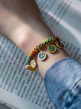 普陀山招财藏式五路财神织物手链彩绳本命年招财纳福抽拉式可调节