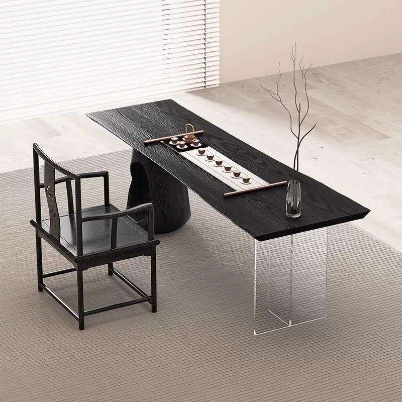 亚克力悬浮茶桌客厅家用实木长方形桌创意岛台大板洽谈桌餐桌一体 - 图1