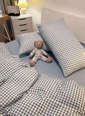 简约风格子四件套学生宿舍三件套亲肤水洗棉床单被套床笠床上用品