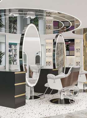 网红理发店镜台不锈钢落地镜全身镜子发廊专用美发双面镜带led灯