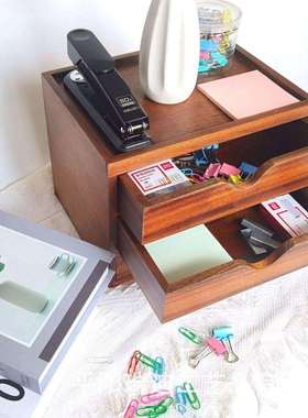 实木三层抽屉柜收纳盒桌面多层核桃木收纳柜三格办公储物柜