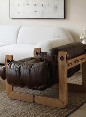 美式复古轻奢客厅实木沙发椅中古风皮艺休闲椅整装高端接待洽谈椅