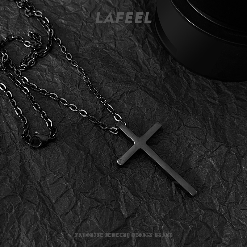 LAFEEL暗夜黑十字架项链男士钛钢不掉色饰品嘻哈个性吊坠朋克风