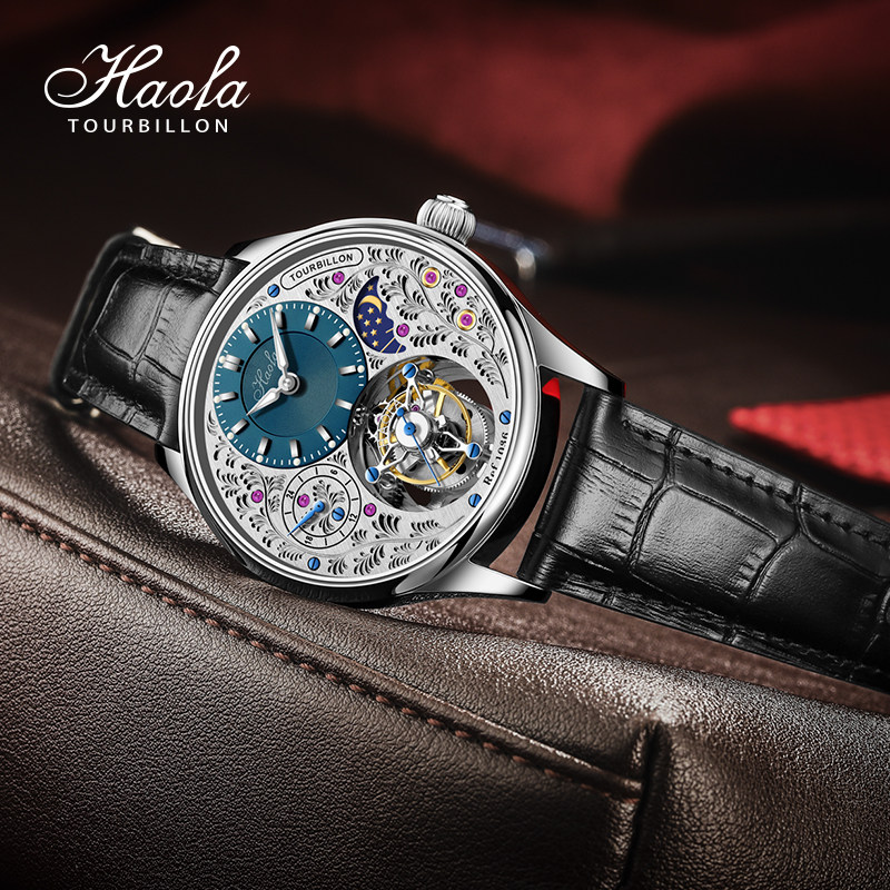 豪法新款真陀飞轮正品雕花机械表 haofatourbillon国产腕表