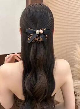 韩系复古豹纹水钻蝴蝶结发圈秋冬氛围感扎马尾头绳高弹力皮筋头饰