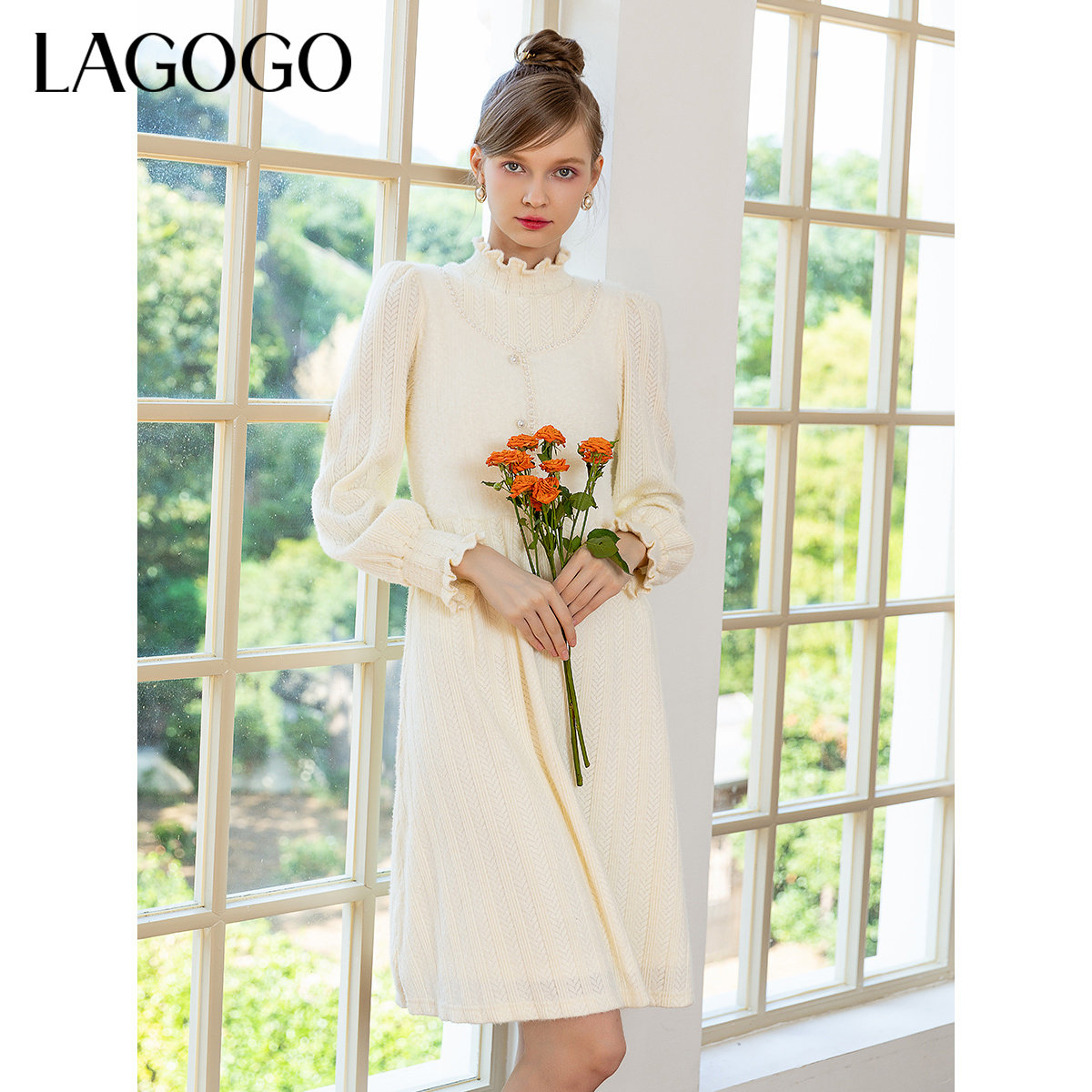 Lagogo拉谷谷秋冬新款法式蕾丝收腰泡泡袖A字连衣裙女高级感