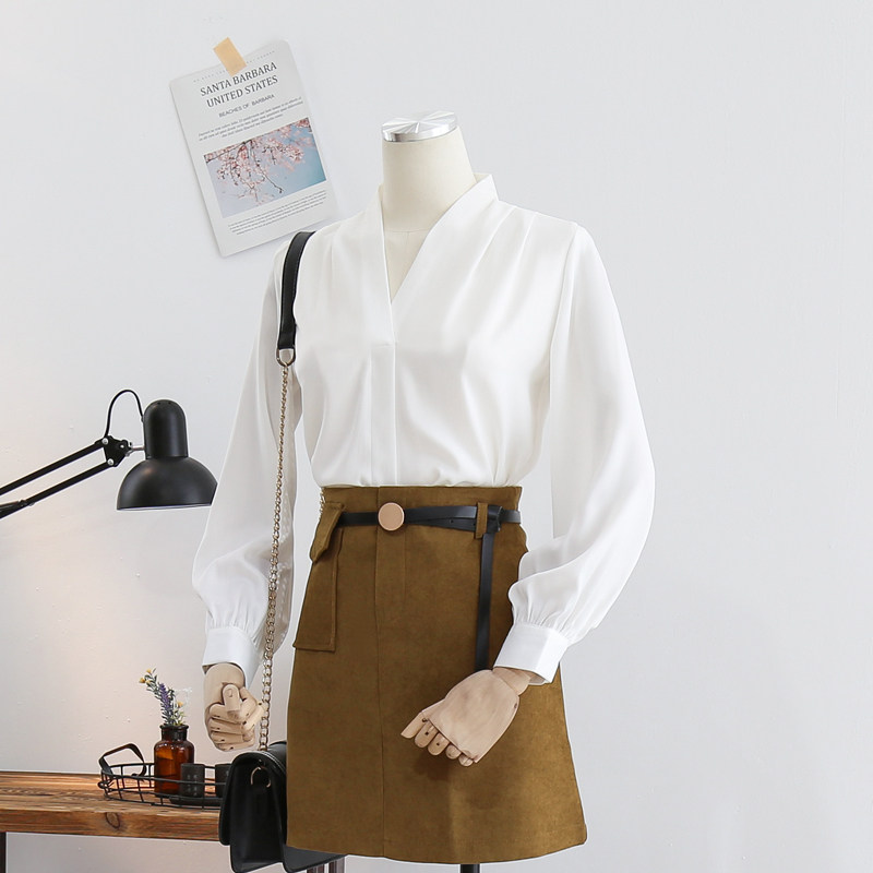 春秋新款职业v领长袖白色气质衬衫 人彩衣村衬衫