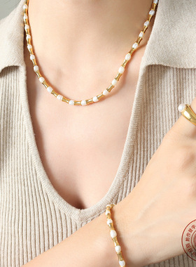 中式民族风新款复古首饰配饰淡水珍珠拼接小蛮腰项链手链首饰套装