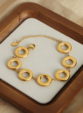 韩系时尚通勤简约百搭饰品几何亮面圆环拼接设计钛钢镀金首饰套装