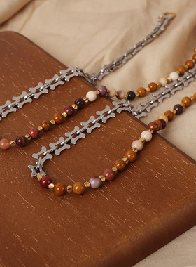 复古小众个性休闲几何百搭饰品蛋黄石串珠拼接设计OT扣钛钢项链