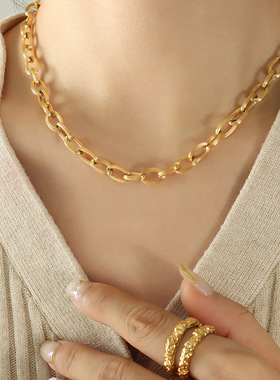 拉丝款粗链百搭叠戴项链个性潮流手链钛钢镀金简约小众首饰套装