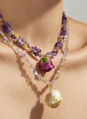 天然石水晶碎石项链女小众设计感