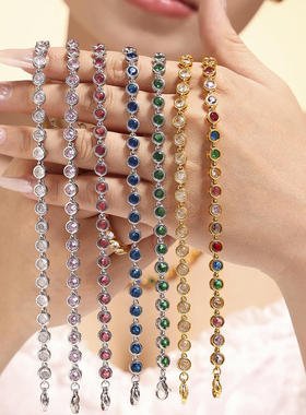 多巴胺多彩圆珠锆石项链手链钛钢镀18K金波西米亚超闪首饰套装